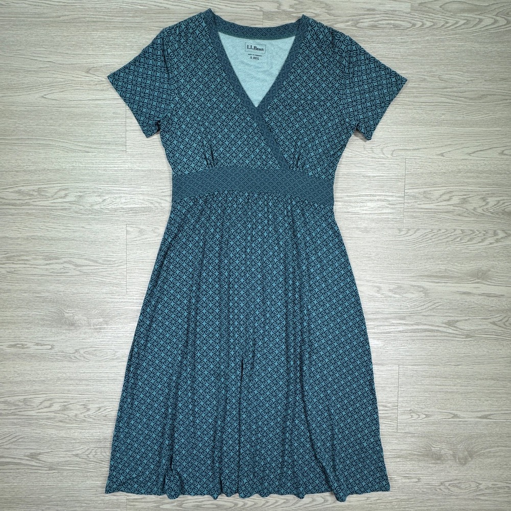 LL Bean Women Knit Dress Small Teal Blue Geometric Faux Wrap Empire Waist Summer